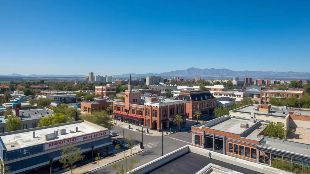 Aerial view of a downtown area with mountains in the background.