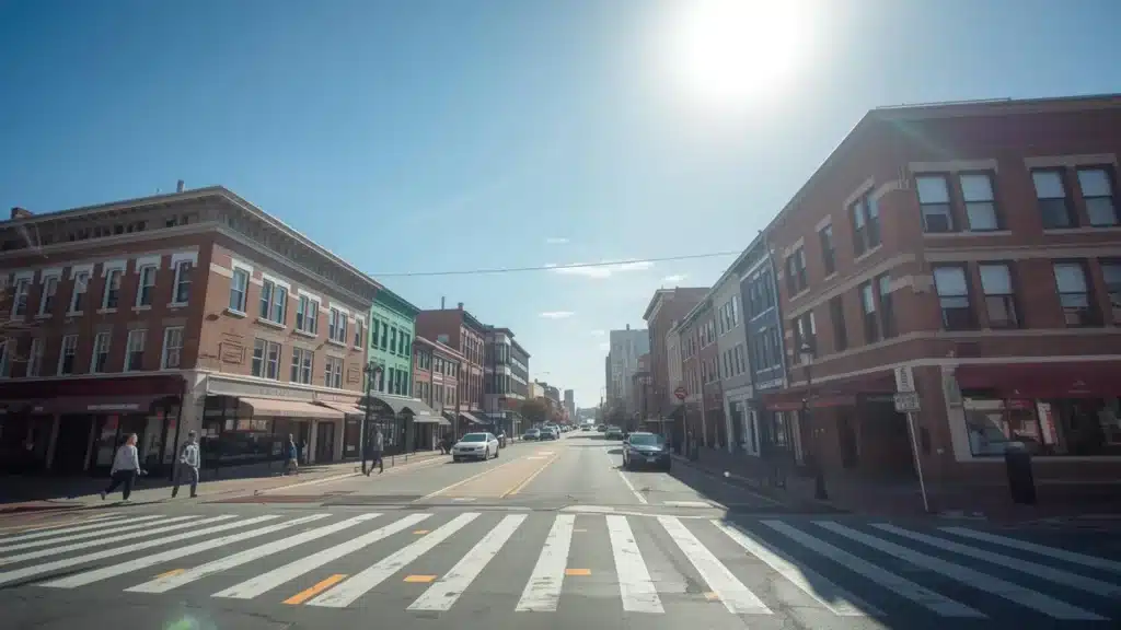 Downtown street with brick buildings, crosswalks, and bright midday sun.