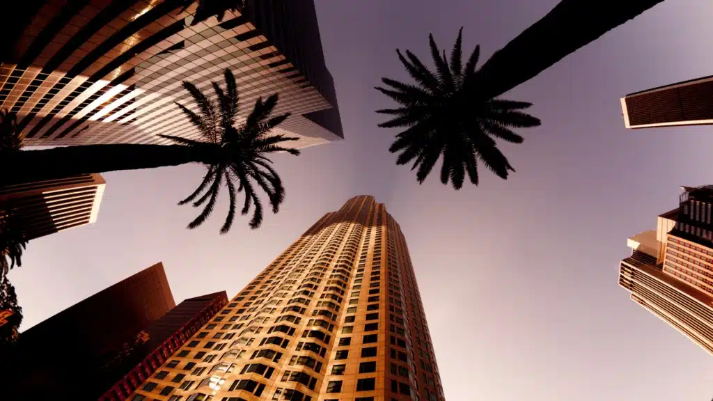Downtown skyscrapers and palm trees viewed from below at sunset.