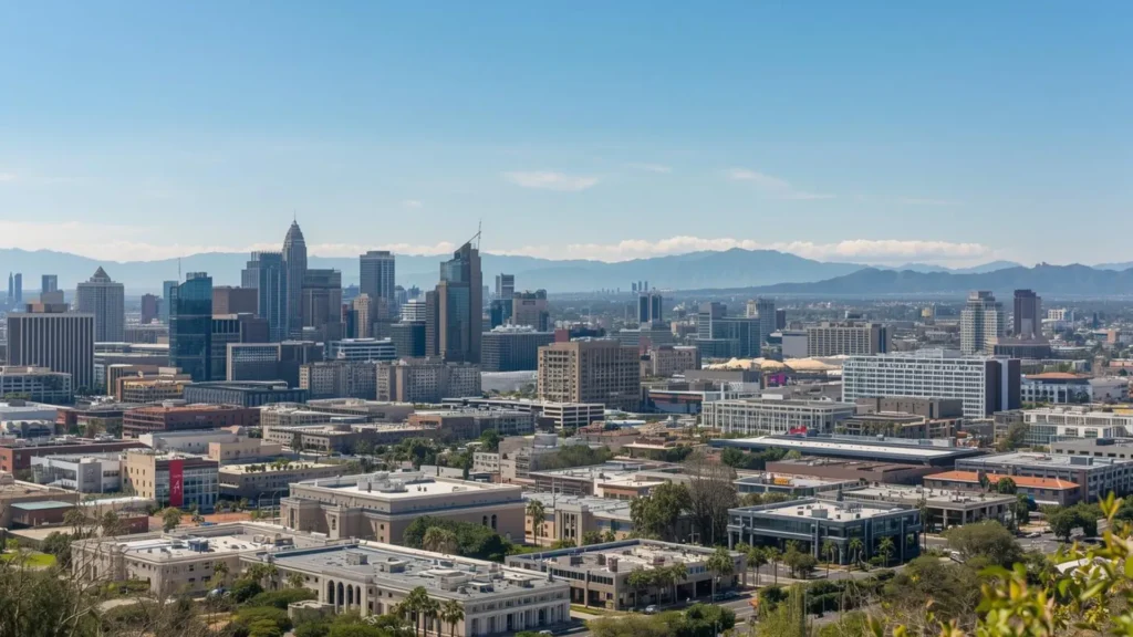 Pomona, California city skyline with palm trees, mountains, and urban streets at sunset