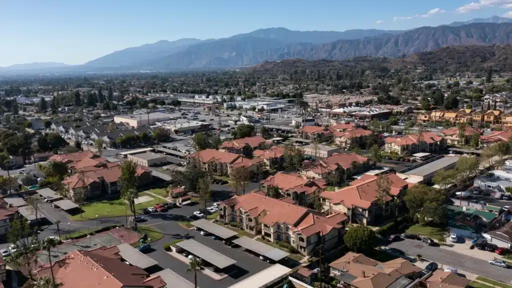 Scenic view of Covina homes, tree-lined streets, and a quiet suburban neighborhood.