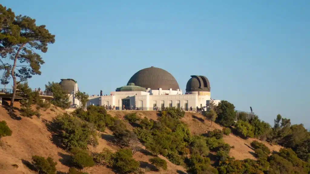 Observatory with large domes atop a hillside, surrounded by trees under a clear blue sky.